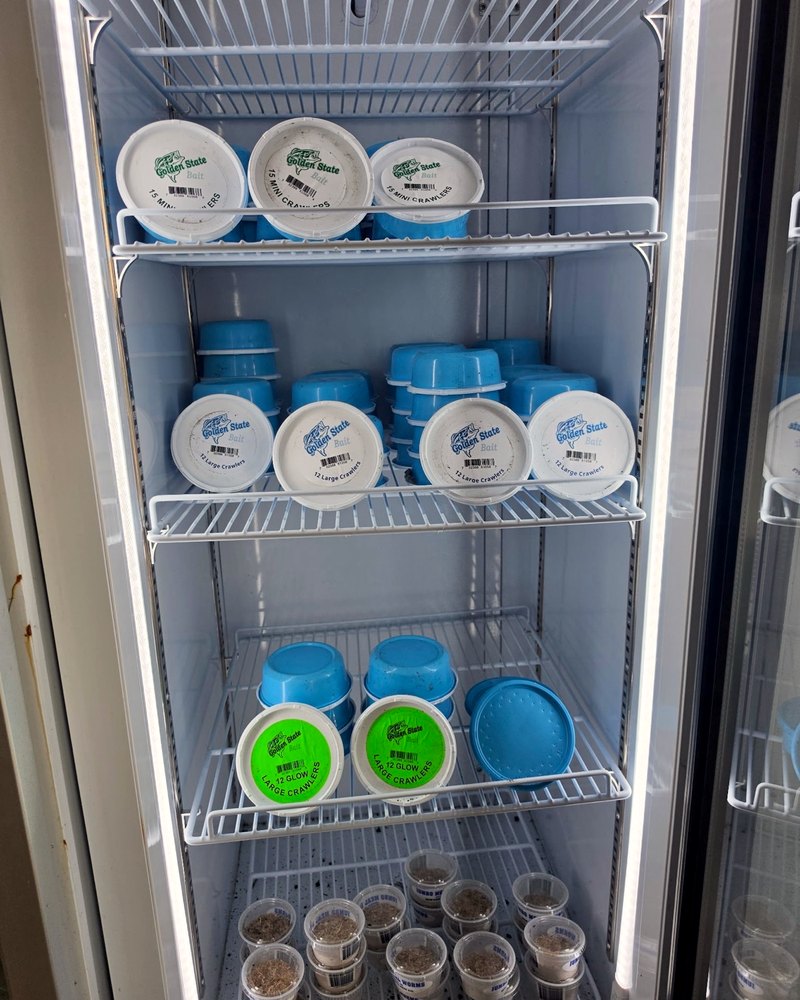 The bait cooler stocked with Golden State Bait nightcrawlers and jumbo worms
