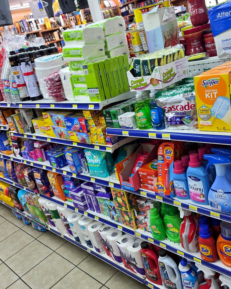 Household and cleaning supplies on the shelves