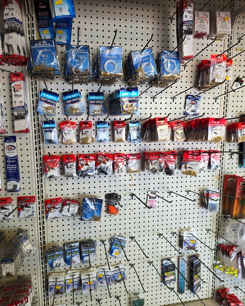 Hooks, swivels and weights on the tackle pegboard