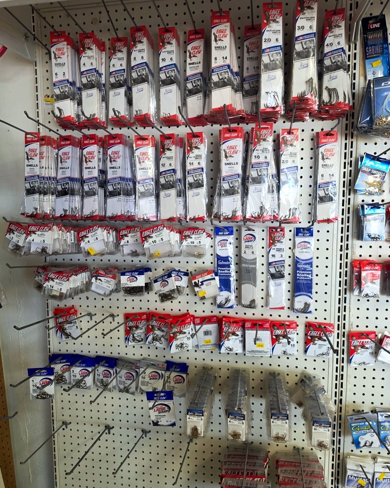 Pegboard wall of hooks, leaders and sinkers in the tackle section