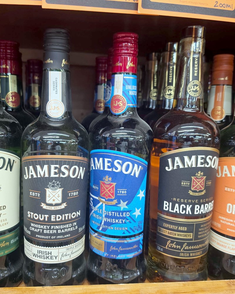 The Jameson range on the whiskey shelf